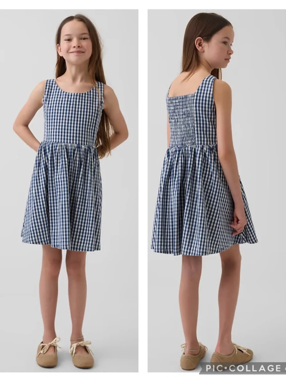 NWT GAP Girls Square Neck Blue Gingham Smocked Cotton Denim Tank Dress